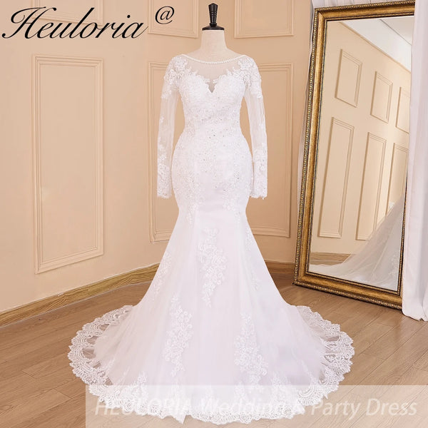 HEULORIA elegant mermaid Wedding Dresses long sleeve o neck lace beading plus size Bride Dress Robe de mariage customize