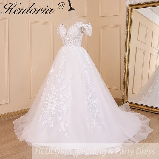 HEULORIA elegant princess wedding dress off shoulder crystal beading tissel lace up bride dress Robe De Mariee Wedding gown