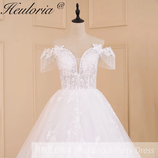 HEULORIA elegant princess wedding dress off shoulder crystal beading tissel lace up bride dress Robe De Mariee Wedding gown