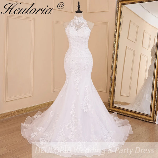 HEULORIA mermaid wedding dress high neck lace beading bride dress long train Robe de mariage
