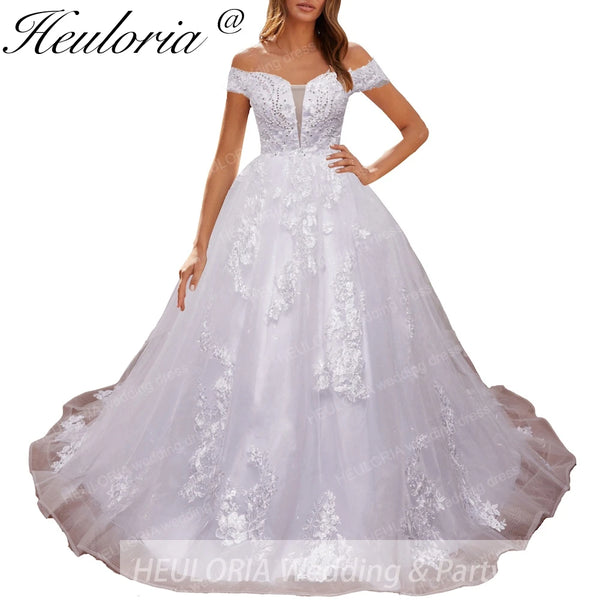 HEULORIA off shoulder lace beading princess ball gown wedding dress plus size shinny skirt bridal dress