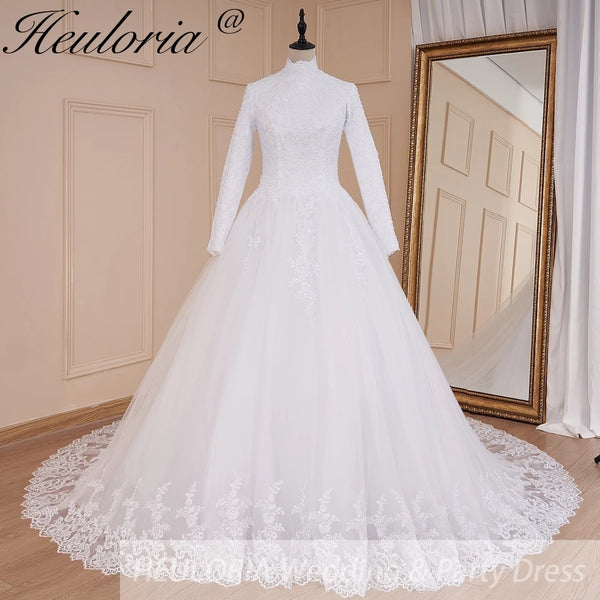 Vestido de novia de princesa HEULORIA, vestido de novia de manga larga con cuello alto, encaje con cuentas, vestido de novia musulmán de talla grande, cola de corte 