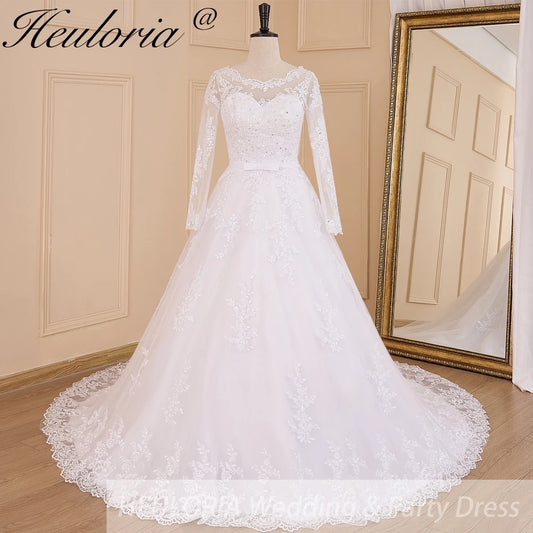 HEULORIA princess Wedding Dress long sleeve round neck bride dress lace beading lace up Plus size wedding gown