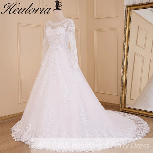 HEULORIA princess Wedding Dress long sleeve round neck bride dress lace beading lace up Plus size wedding gown