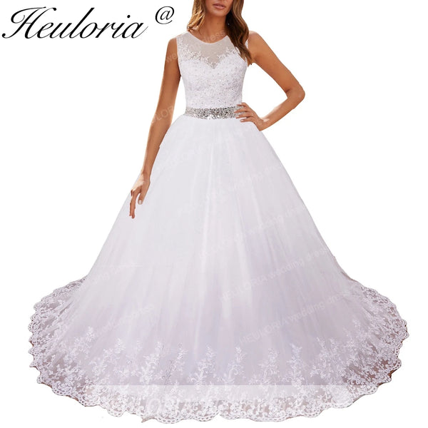 HEULORIA princess ball gown wedding dress o neck lace applique sequin belt beading bride dress court train