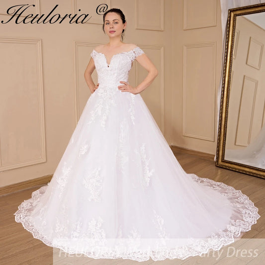 HEULORIA princess ball gown wedding dress off shoulder shinny skirt lace applique plus size white bride dress customize