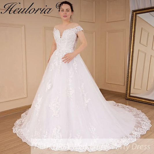 HEULORIA princess ball gown wedding dress off shoulder shinny skirt lace applique plus size white bride dress customize