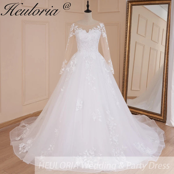 HEULORIA princess wedding dress Long Sleeve lace applique Plus Size Ball Gown bride dress lace up robe de mariee