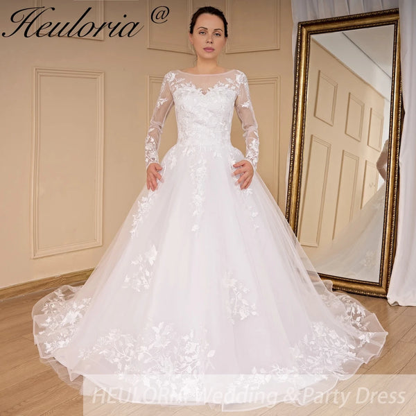 HEULORIA princess wedding dress Long Sleeve lace applique Plus Size Ball Gown bride dress lace up robe de mariee