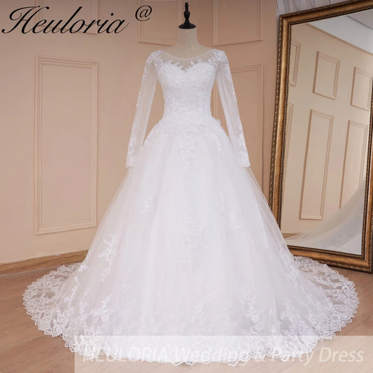 HEULORIA princess wedding dress long sleeve shinny skirt lace applique plus size pearl beads bride dress customize