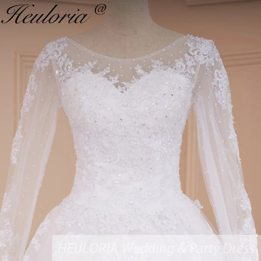 HEULORIA princess wedding dress long sleeve shinny skirt lace applique plus size pearl beads bride dress customize