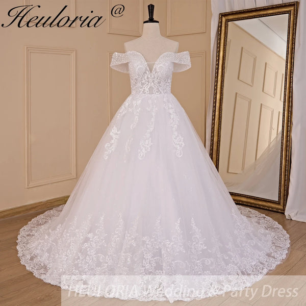 HEULORIA Ball-Gown/Princess Off the Shoulder Court Train Tulle Lace Wedding Dress With Sequins Beading