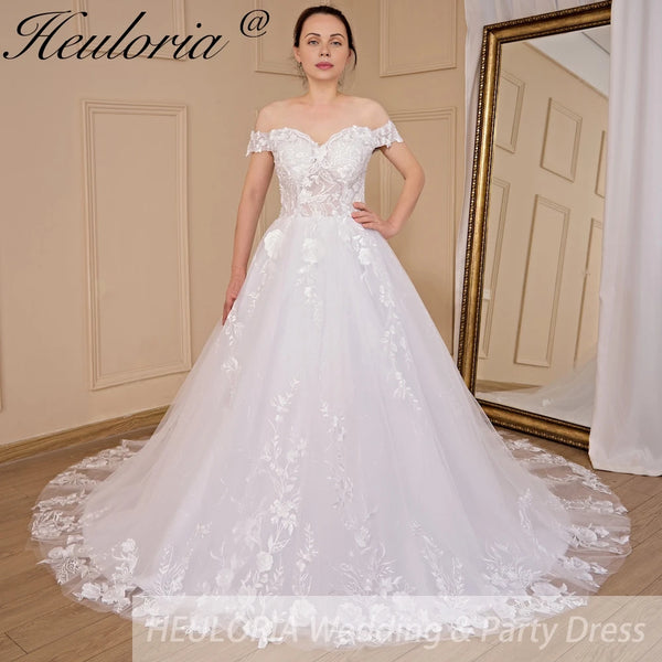 HEULORIA Ball-Gown/Princess Off the Shoulder Court Train Tulle Lace Wedding Dress With Sequins Beading