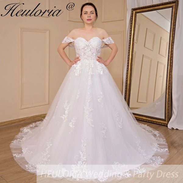 HEULORIA Ball-Gown/Princess Off the Shoulder Detachable sleeve Court Train Tulle Lace Wedding Dress With Sequins Beading