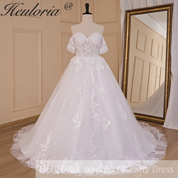 HEULORIA Ball-Gown/Princess Off the Shoulder Detachable sleeve Court Train Tulle Lace Wedding Dress With Sequins Beading