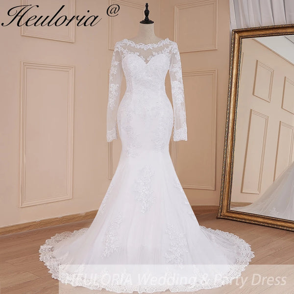 HEULORIA Mermaid Wedding Dresses long Sleeve O neck White Wedding dress lace applique beading Bride Dress Robe de mariage customize