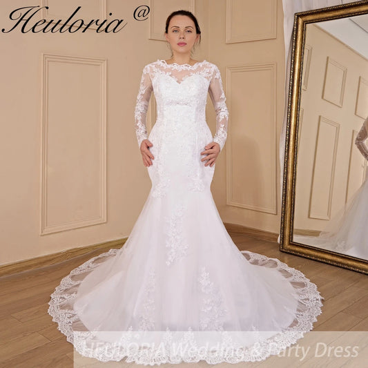 HEULORIA Mermaid Wedding Dresses long Sleeve O neck lace applique beading Bride Dress Robe de mariage customize