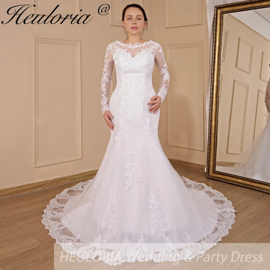 HEULORIA Mermaid Wedding Dresses long Sleeve O neck lace applique beading Bride Dress Robe de mariage customize