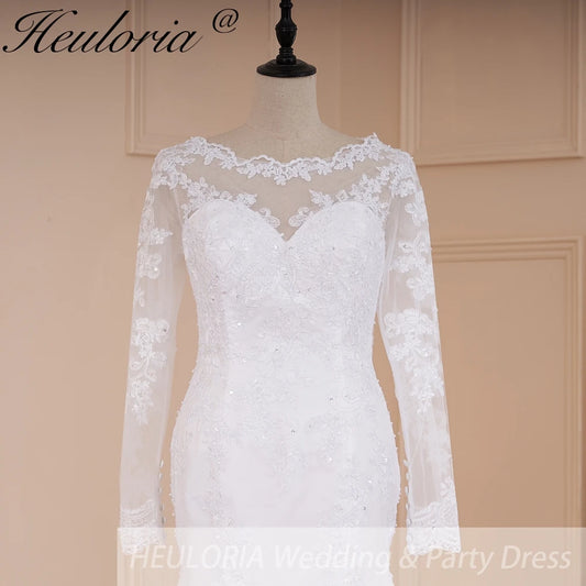 HEULORIA-vestidos de novia de sirena, manga larga, cuello redondo, vestido de novia blanco, Apliques de encaje con cuentas, vestido de novia personalizado 