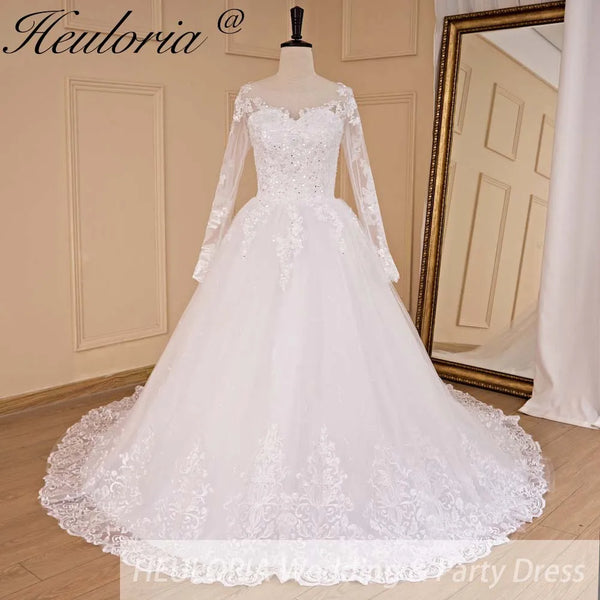 HEULORIA Princess Wedding Dress long sleeve bride dress V neck plus size robe de mariee Lace beading Wedding Bridal Gown