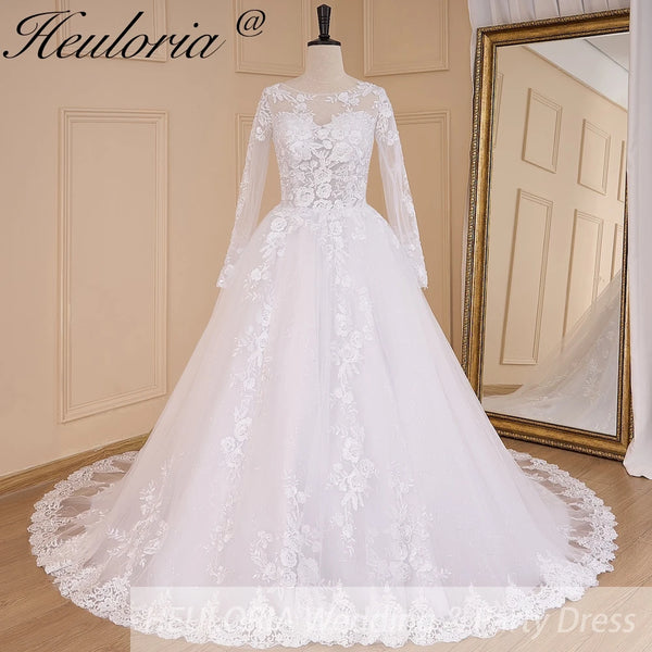 HEULORIA Princess Ball Gown Wedding Dress long sleeve bride dress o neck plus size robe de mariee Lace beading Wedding Bridal Gown