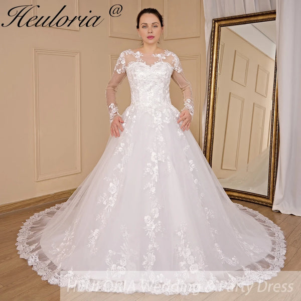 HEULORIA Princess Wedding Dress long sleeve bride dress o neck plus size robe de mariee Lace beading Wedding Bridal Gown