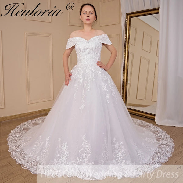 HEULORIA Ball-Gown/Princess Off the Shoulder Court Train Tulle Lace Wedding Dress With Sequins Beading