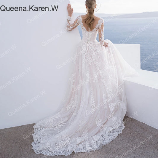 Queena.Karen.W Elegant A line Wedding Dress long sleeve V Neck lace bride dress robe de mariee A line Wedding Bridal Gown