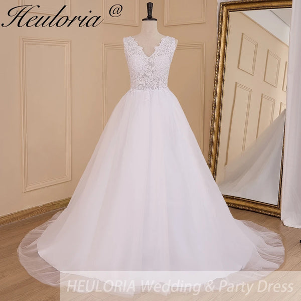 HEULORIA Women's lace beading V neck sleeveless wedding dress A line Robe De Mariee Wedding Bride Dress