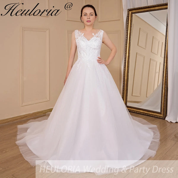 HEULORIA elegant A line wedding dress V neck lace applique bride dress Robe De Mariee Wedding Bride Dress long train