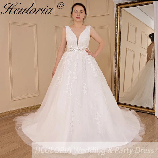 HEULORIA elegant A line wedding dress V neck lace beading bride dress Robe De Mariee Wedding Bride Dress long train