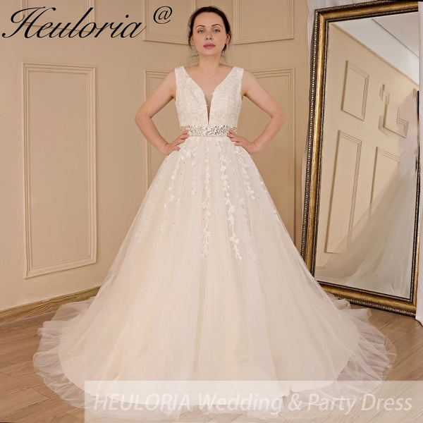 HEULORIA elegant A line wedding dress V neck lace beading bride dress Robe De Mariee Wedding Bride Dress long train