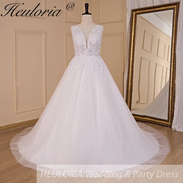 HEULORIA A-line V-Neck Sweep Train Lace Tulle Wedding Dress With Sequins