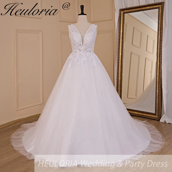 HEULORIA A-line V-Neck Sweep Train Lace Tulle Wedding Dress With Sequins Beading