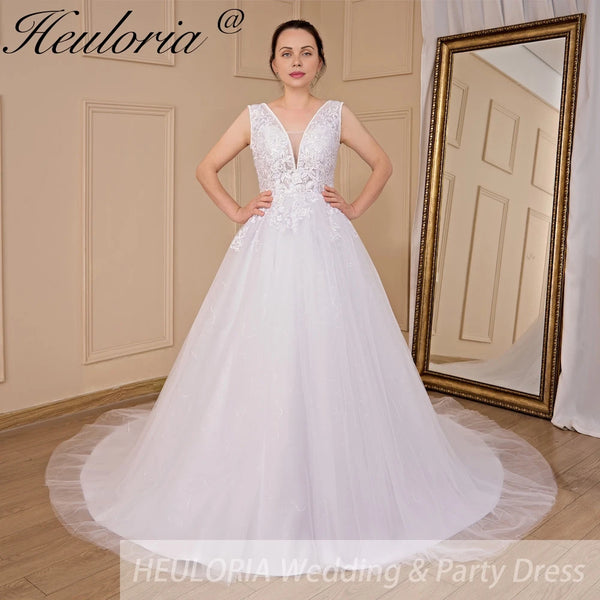 HEULORIA A-line V-Neck Sweep Train Lace Tulle Wedding Dress With Sequins Beading