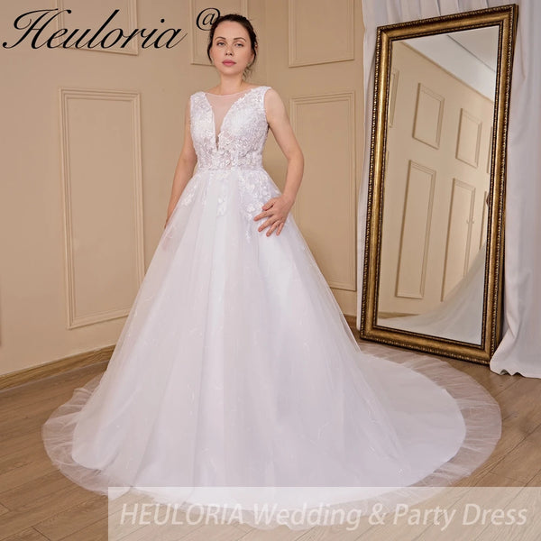 HEULORIA A-line V-Neck Sweep Train Lace Tulle Wedding Dress With Sequins