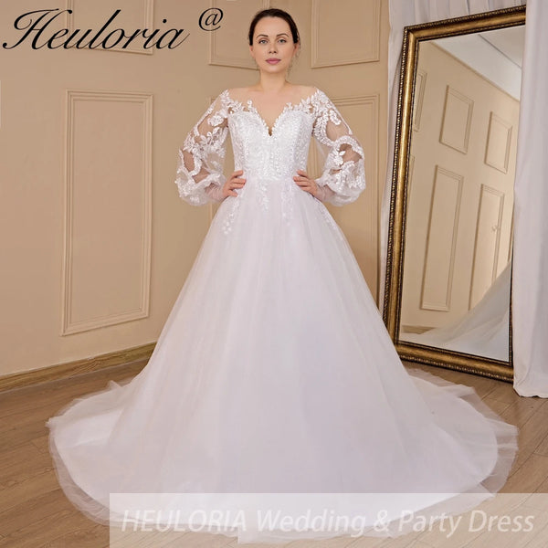 HEULORIA elegant A line wedding dress long sleeve lace bride dress Robe De Mariee Wedding Bride Dress long train