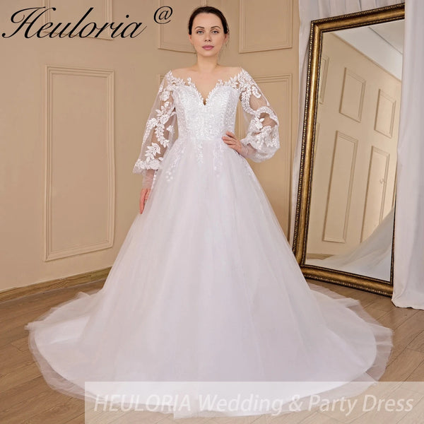 HEULORIA A-line Scoop Illusion Court Train Lace Tulle Wedding Dress With Sequins