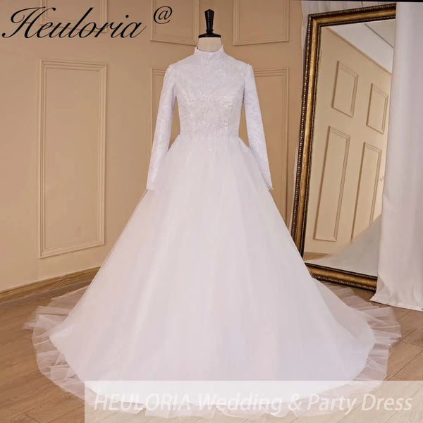 HEULORIA elegant heavy lace beading Muslim Wedding Dress long sleeve high neck bride dress plus size bride Wedding Gown