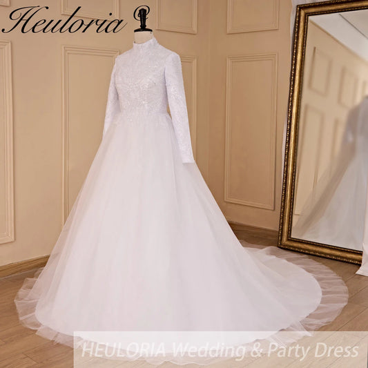 HEULORIA elegant heavy lace beading Muslim Wedding Dress long sleeve high neck bride dress plus size bride Wedding Gown