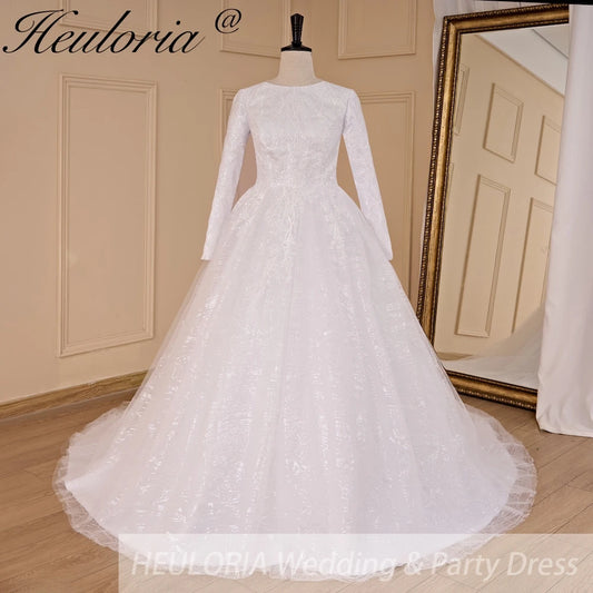 HEULORIA elegant heavy lace beading Muslim Wedding Dress long sleeve round neck bride dress plus size bride Wedding Gown