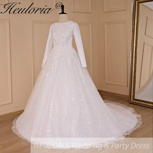 HEULORIA elegant heavy lace beading Muslim Wedding Dress long sleeve round neck bride dress plus size bride Wedding Gown