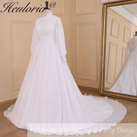 HEULORIA elegant lace beading Muslim ball gown Wedding Dress long sleeve high neck bride dress plus size bride Wedding Gown