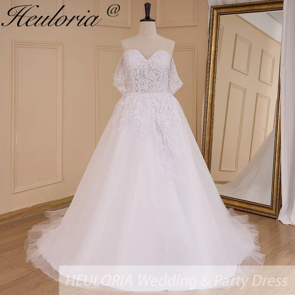 HEULORIA A-line Off the Shoulder Court Train Tulle Lace Wedding Dress With Sequins