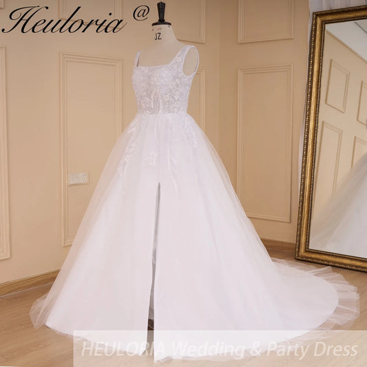 HEULORIA elegant square neck sleeveless wedding dress A line lace applique bridal dress Robe De Mariee Wedding Bride Dress