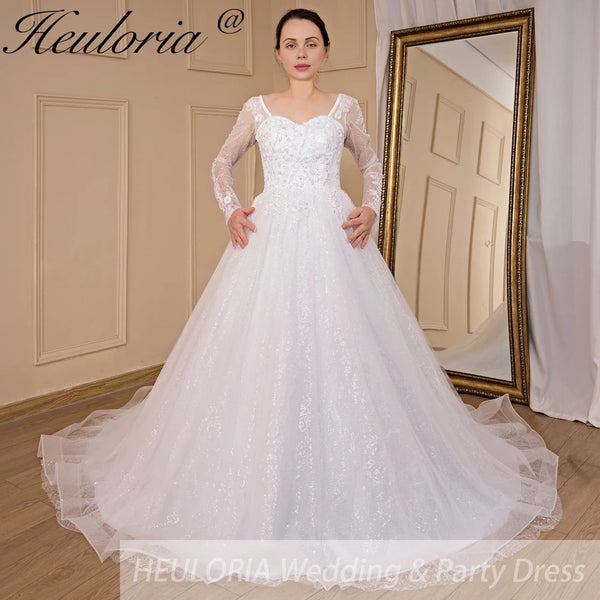 HEULORIA Ball-Gown/Princess long sleeve Chapel Train Lace Tulle Wedding Dress With Sequins Beading