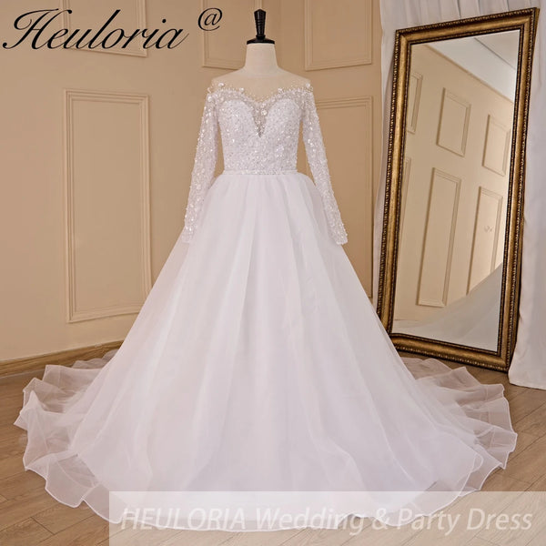 HEULORIA Ball-Gown/Princess long sleeve Chapel Train Lace Tulle Wedding Dress With Sequins Beading