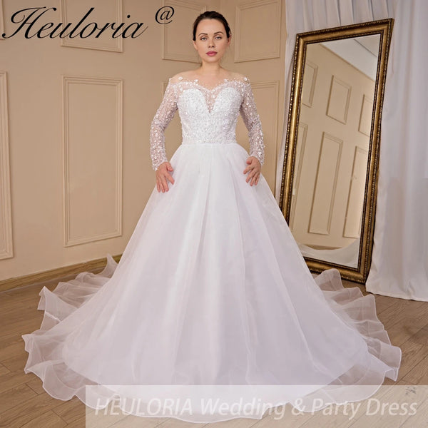 HEULORIA Ball-Gown/Princess long sleeve Chapel Train Lace Tulle Wedding Dress With Sequins Beading